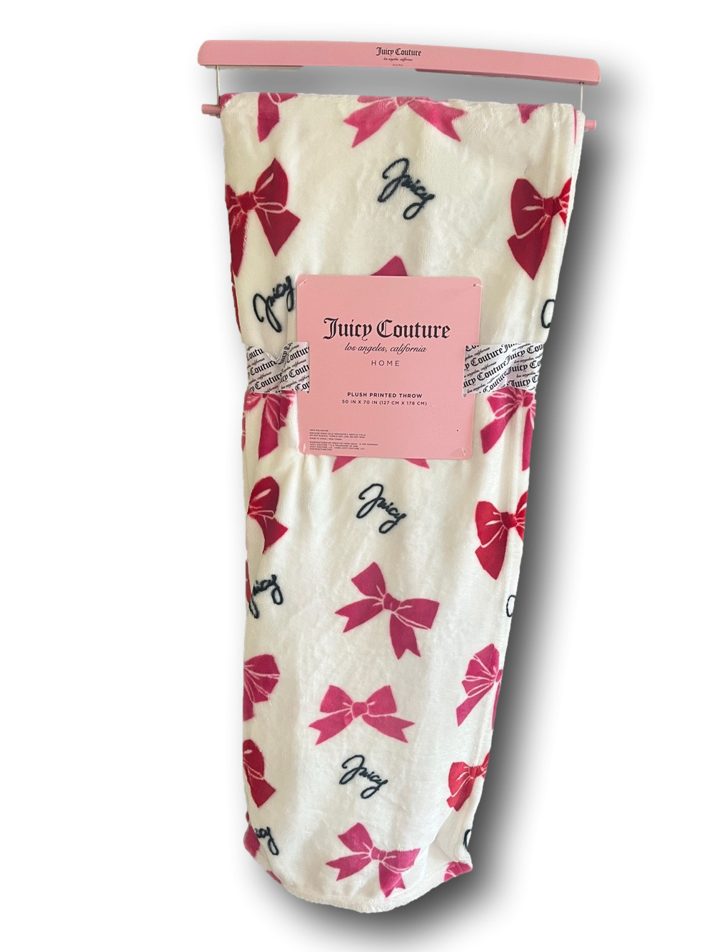 Juicy Couture 50x70” White Plush Throw with Pink Bow Print